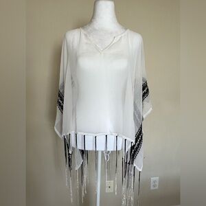 Steve Madden White Sheer Fringe Cover-Up with Black Tag Accent